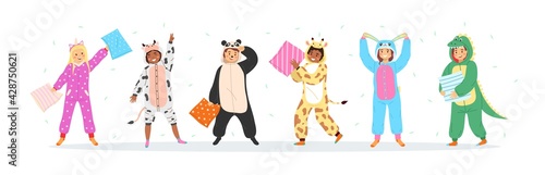 Kids animal pajamas. Smiling boys and girls in overalls, pillow fight and flying feathers. Cute sleepwear for pajama party. Carnival clothes unicorn, panda and rabbit vector cartoon set