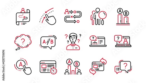 UX line icons. AB testing, Journey path map and Question mark. Quiz test linear icon set. Linear set. Quality line set. Vector