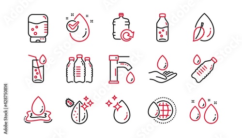 Water drop line icons. Bottle, Antibacterial filter and Tap water. Clean water linear icon set. Linear set. Quality line set. Vector
