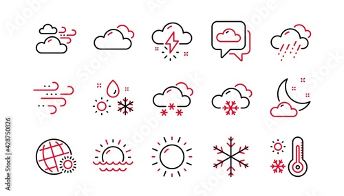 Weather and forecast line icons. Cloudy sky, winter snowflake, thermometer. Moon night, rain and sunset icons. Weather temperature, meteorology forecast. Linear set. Linear set. Vector