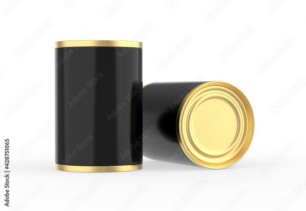 Metallic food tin can mockup template for fish, beans, meat, corns, peas and vegetables. Golden tin jar mock up for design presentation, 3d illustration Metallic food tin can mockup template for fish, beans, meat, corns, peas and vegetables. Golden tin jar mock up for design presentation, 3d illustration