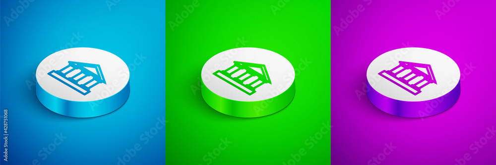 Isometric line Bank building icon isolated on blue, green and purple background. White circle button. Vector Isometric line Bank building icon isolated on blue, green and purple background. White circle button. Vector
