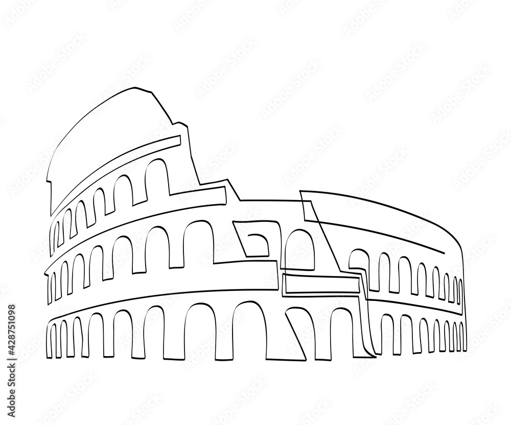 Colosseum - symbol of Rome and Italy, continuous line drawing. Coliseum - ancient theater, cultural, architectural and historical italian sight, ideal for minimalist postcard, poster or t-shirt design