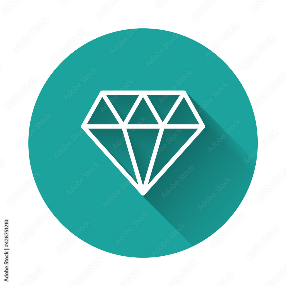 White line Diamond icon isolated with long shadow background. Jewelry symbol. Gem stone. Green circle button. Vector White line Diamond icon isolated with long shadow background. Jewelry symbol. Gem stone. Green circle button. Vector