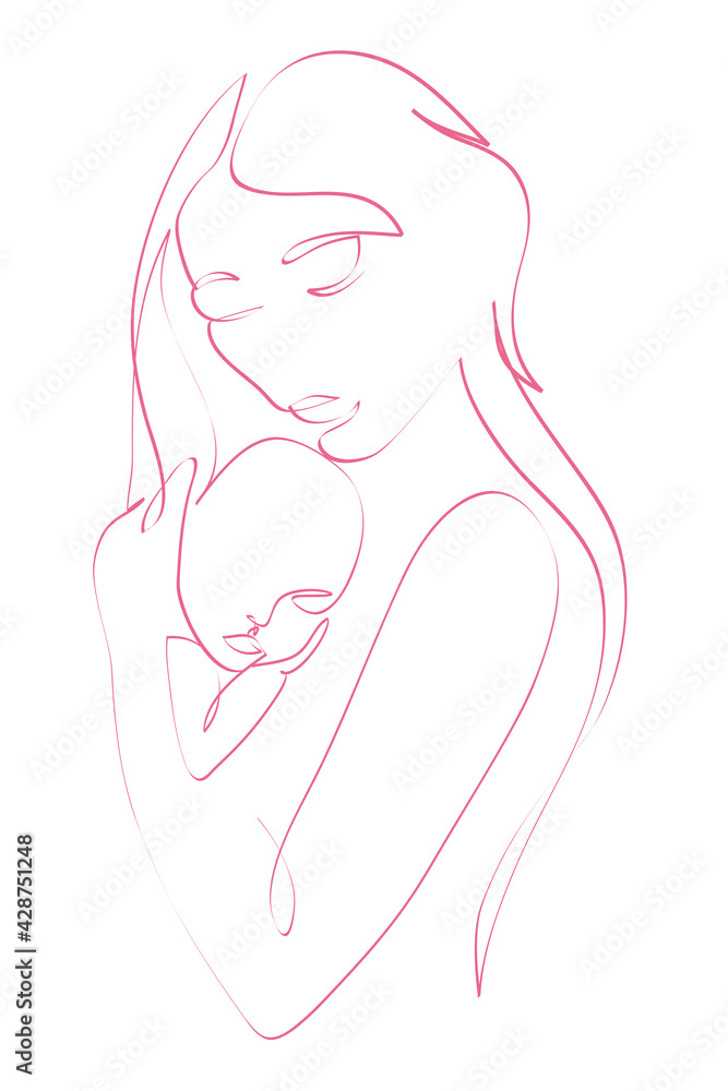 Mother is carying of her newborn baby. Woman embracing little child, abstract portrait drawing with lines, quick sketch, motherhood concept, illustration for t-shirt, print design, covers, web