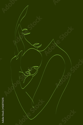 Mother is carying of her newborn baby. Woman embracing little child, abstract portrait drawing with lines, quick sketch, motherhood concept, illustration for t-shirt, print design, covers, web photo