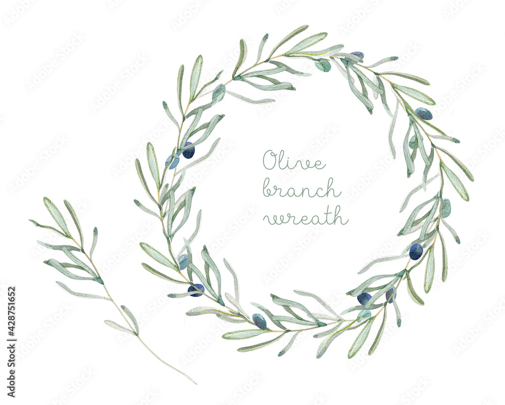 Wreath of olive with fruit and isolated branch elements on white background. Frame. Wedding decorations. For cards and invitations. Mediterranean Wreath of olive with fruit and isolated branch elements on white background. Frame. Wedding decorations. For cards and invitations. Mediterranean