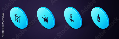 Set Isometric Spray can for hairspray, Incense sticks, Kettle with handle and Aroma candle icon. Vector