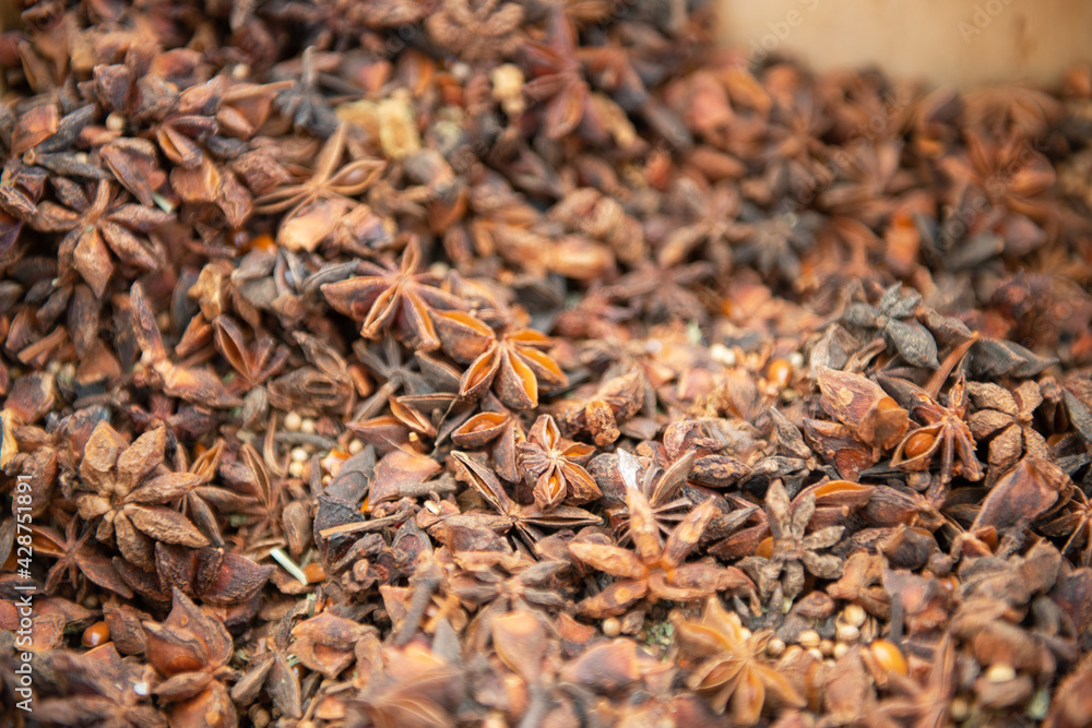 Star anise. Spices are solding in outdoor market, Sicily, Italy Star anise. Spices are solding in outdoor market, Sicily, Italy