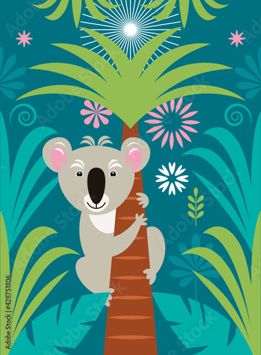 Koala on the palm tree. Jungle, trropical , rainforest. Vector illustration. Card, poster design. Animal in nature theme photo