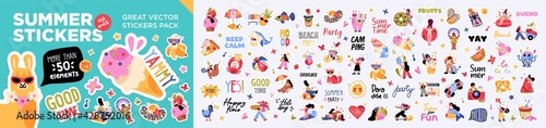 Big set of summer holiday, travel, beach vacation, tropical party labels, stickers, elements. Flat cartoon colorful vector illustration