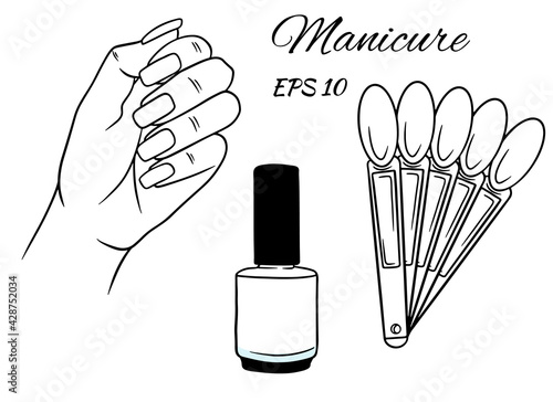 Manicure set. Hand with nails, nail polish palette. A bottle of varnish.