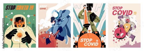 Fight with Coronavirus concept. Set of posters with illustrations of fighting with covid, corona virus. Disease campaign poster. Vector