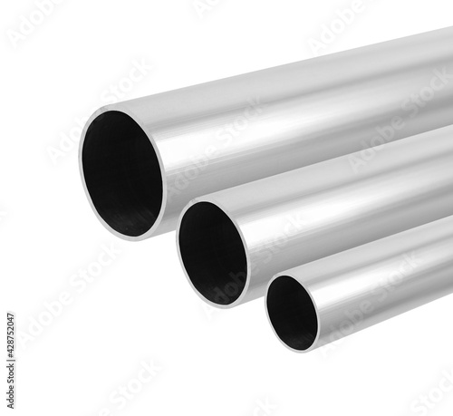Set of aluminum pipes of different diameters insulated on a white background