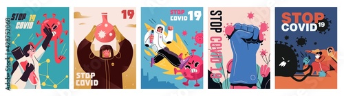 Fight with Coronavirus concept. Set of posters with illustrations of fighting with covid, corona virus. Disease campaign poster. Vector