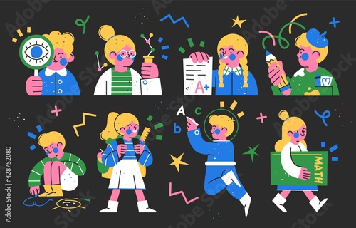 Collection of Cute happy children ready to go to school flat style vector illustration.
