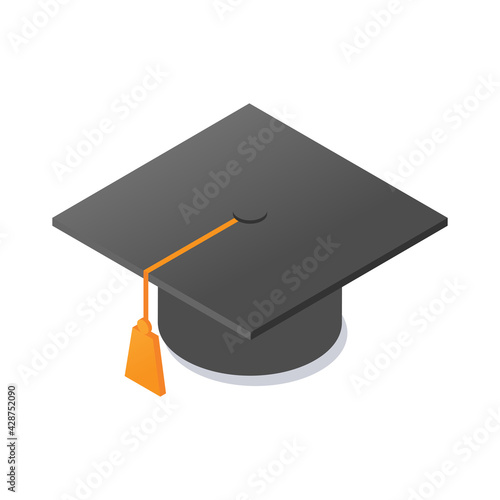 Graduate cap. Element for degree ceremony and educational programs design. Graduation university or college black hat cover.Isometric vector illustration. Isolated on white background photo