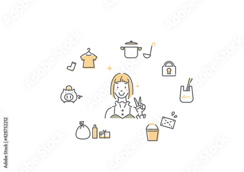 初めてのひとり暮らし　女性　シンプルでおしゃれな線画イラスト