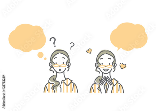 ナチュラルな雰囲気の女性　考える＆納得　シンプルでおしゃれな線画イラスト