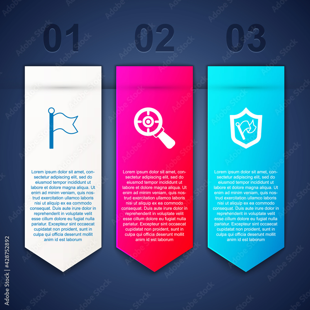 Set Flag, Target with magnifying glass and Shield flag. Business infographic template. Vector Set Flag, Target with magnifying glass and Shield flag. Business infographic template. Vector