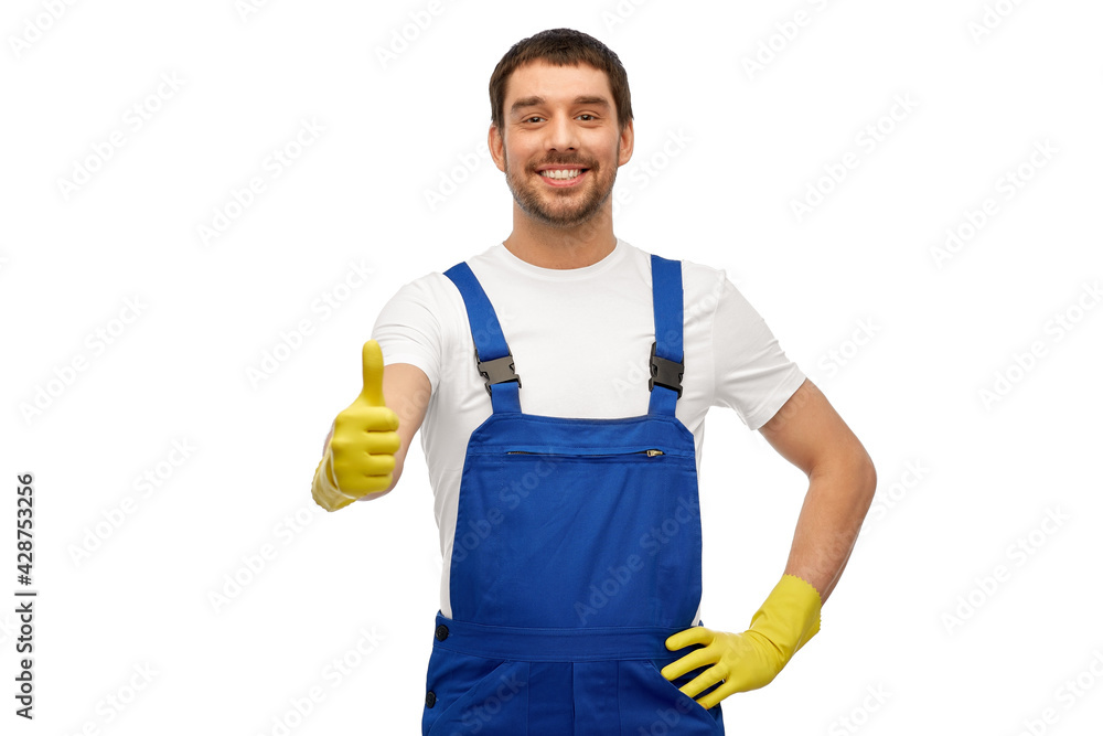 profession, cleaning service and building concept - happy smiling male worker or cleaner in overall and gloves over white background profession, cleaning service and building concept - happy smiling male worker or cleaner in overall and gloves over white background