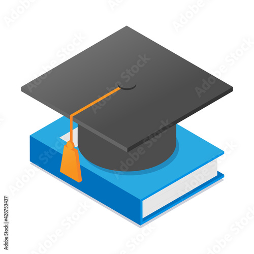 Graduate cap on a book.Isometric vector illustration.Element for degree ceremony and educational programs design. Isolated on white background.