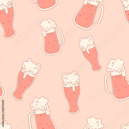 Seamless pattern. The background with the glasses. Foamy drink. Vector illustration. Stock vector. Beer. Purple pattern.Pink background.