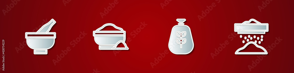 Set Mortar and pestle, Flour bowl, Bag of flour and Sifting icon. Vector Set Mortar and pestle, Flour bowl, Bag of flour and Sifting icon. Vector