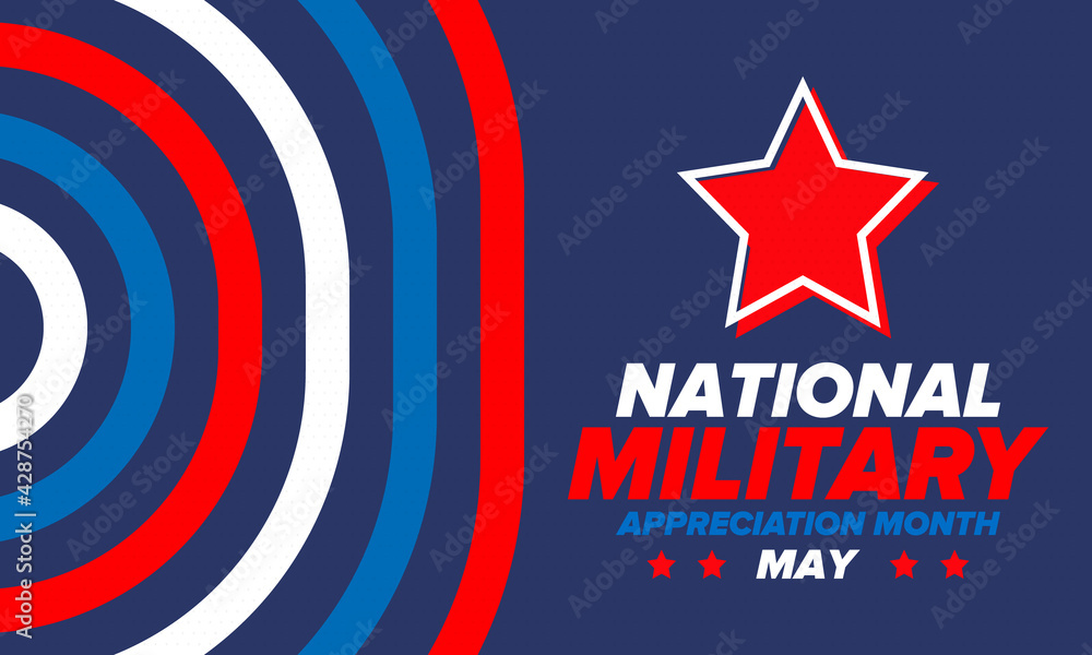 National Military Appreciation Month in May. Annual Armed Forces Celebration Month in United States. Poster, card, banner and background. Vector illustration
