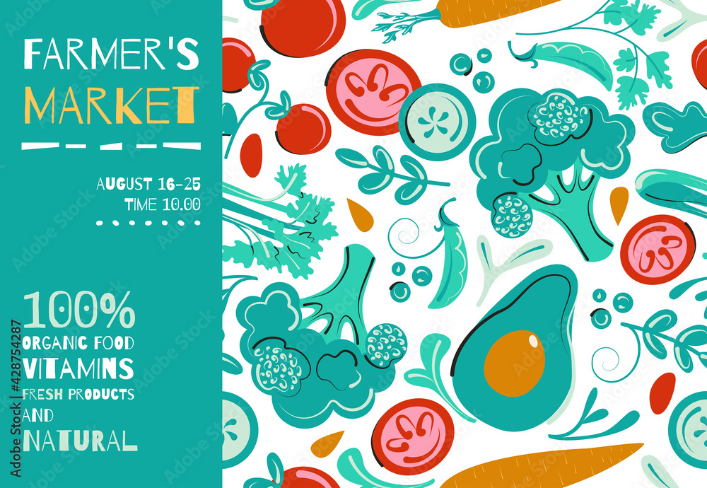 Farmers Market Flyer or Poster Template. Organic food seasonal sales program layout. Flat Vector Illustration.