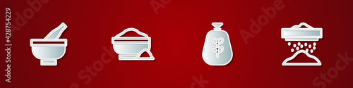Set Mortar and pestle, Flour bowl, Bag of flour and Sifting icon. Vector