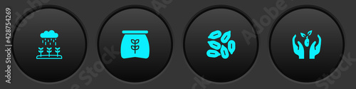 Set Plant sprouts grow in the rain, Bag of flour, Seed and hand icon. Vector