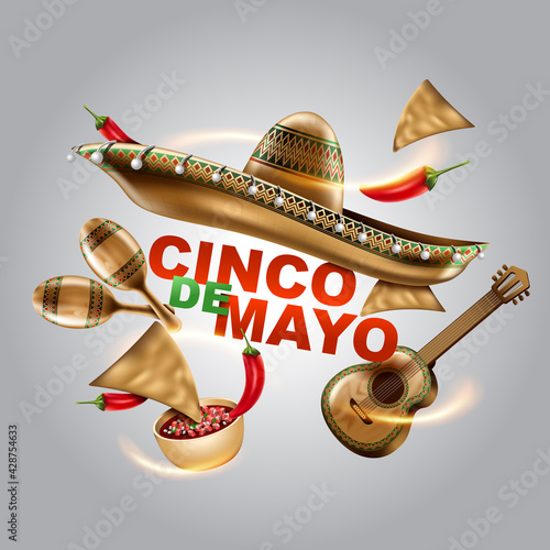 Cinco de Mayo mexican holiday. Sombrero hat, Maracas and Tacos and festive food. vector illustration.