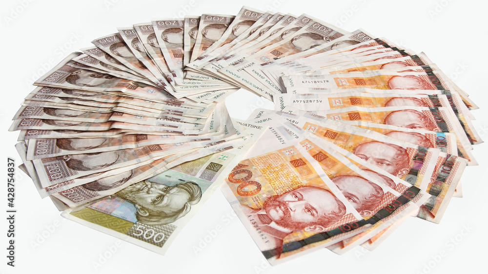 Croatian Kuna banknotes isolated on white background