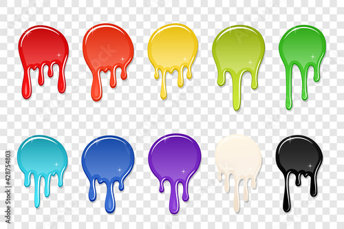 Drip paint spot 3D set isolated white transparent background. Rainbow blob ink splash. Splatter stain texture. Dribble down design. Flow art liquid drop. Fluid color stain liquid Vector illustration