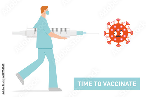Time to vaccinate banner - doctor and syringe with vaccine for COVID-19, flu or influenza
