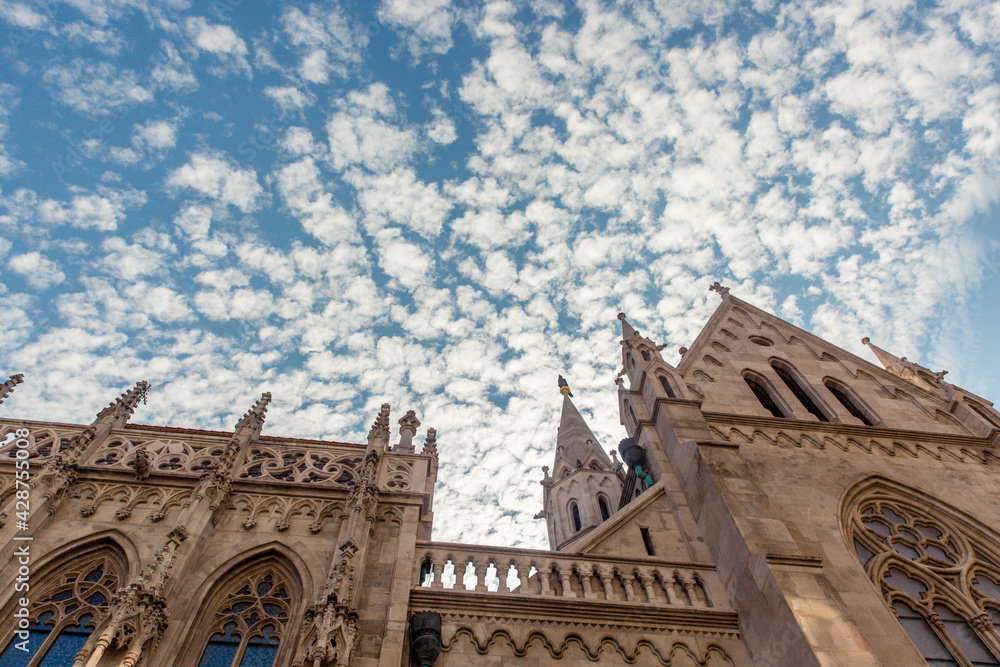 View on the Old Fisherman Bastion with sky and clouds on background, Budapest, Hungary.