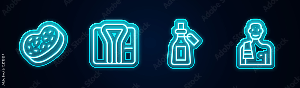 Set line Bath sponge, Bathrobe, Essential oil bottle and Man in the sauna. Glowing neon icon. Vector