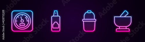 Set line Sauna thermometer, Spray can for hairspray, bucket and Mortar and pestle. Glowing neon icon. Vector