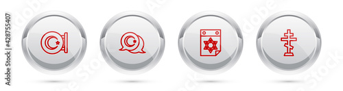 Set line Star and crescent, , Jewish calendar and Christian cross. Silver circle button. Vector