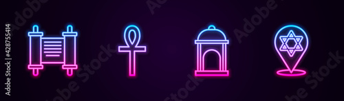 Set line Decree, paper, parchment, scroll, Cross ankh, Muslim Mosque and Star of David. Glowing neon icon. Vector