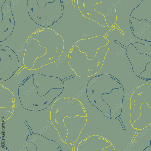 Yellow and blue pears fruits with line art vector seamless repeating pattern. Greate as a textile print, fabric, wallpaper, scrapebooking, background or packaging, giftwrap. Surface pattern design. photo