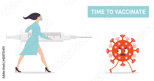 Time to vaccinate banner - doctor and syringe with vaccine for COVID-19, flu or influenza