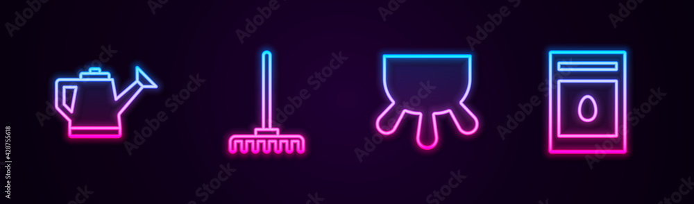 Set line Watering can, Garden rake, Udder and Pack full of seeds of plant. Glowing neon icon. Vector Set line Watering can, Garden rake, Udder and Pack full of seeds of plant. Glowing neon icon. Vector