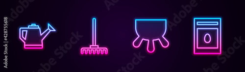 Set line Watering can, Garden rake, Udder and Pack full of seeds of plant. Glowing neon icon. Vector