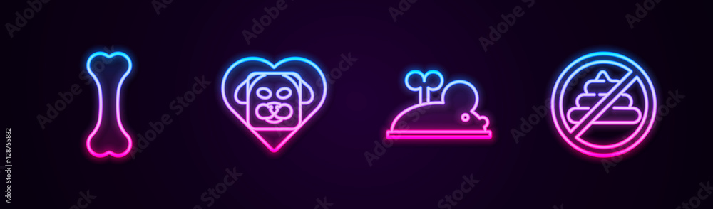 Set line Dog bone, Heart with dog, Clockwork mouse and No shit. Glowing neon icon. Vector Set line Dog bone, Heart with dog, Clockwork mouse and No shit. Glowing neon icon. Vector