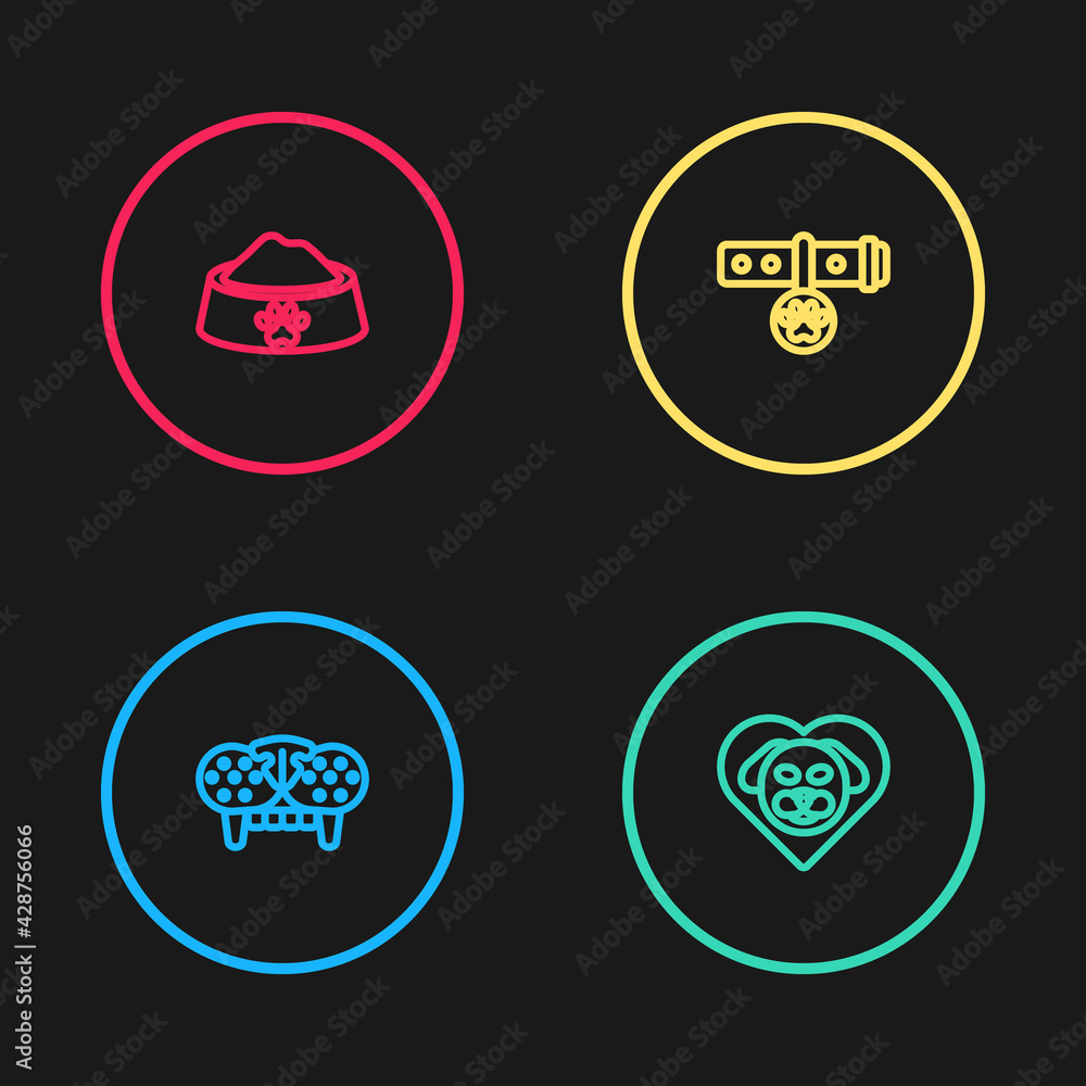 Set line Cat tooth, Heart with dog, Collar name tag and Pet food bowl icon. Vector Set line Cat tooth, Heart with dog, Collar name tag and Pet food bowl icon. Vector
