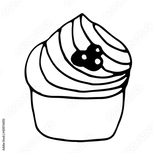 Cupcake with blueberries, vector illustration, doodle hand drawn
