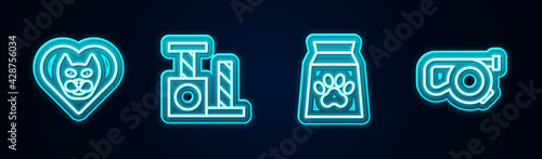 Set line Heart with cat, Cat scratching post, Bag of food for pet and Retractable cord leash. Glowing neon icon. Vector