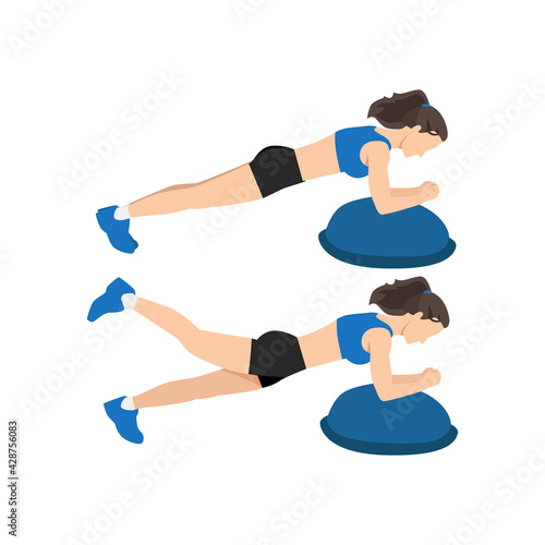 Woman doing Bosu ball plank leg lift exercise flat vector illustration isolated on white background